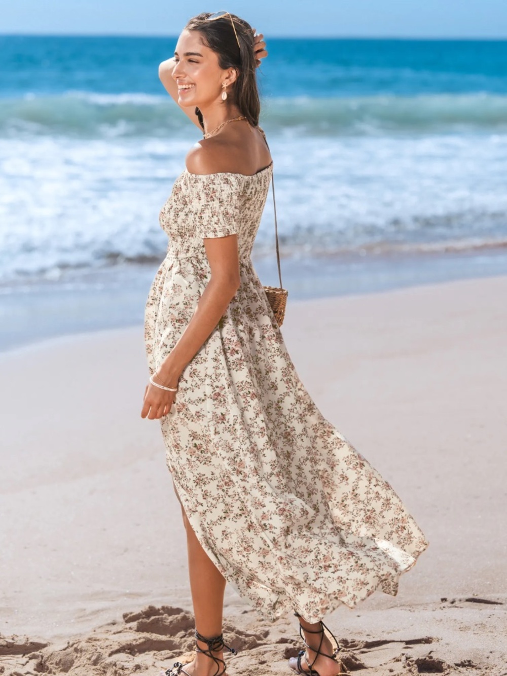 NWT Off-Shoulder Floral Maxi Dress in Cream - Picture 2 of 4